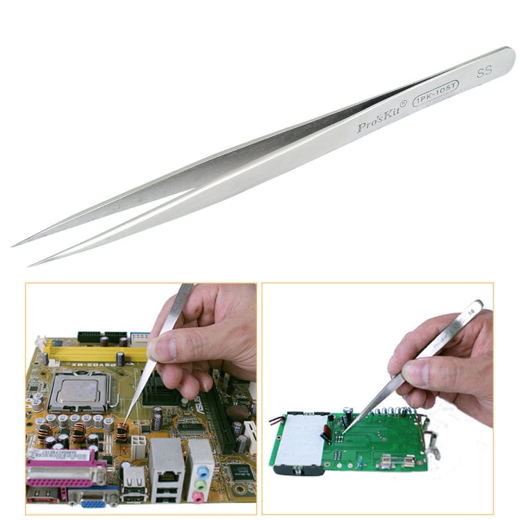 ProsKit 1PK-105T Pinzetta antimagnetica in acciaio inossidabile di precisione con punta dritta da 140 mm ProsKit 1PK-105T Pinzetta antimagnetica in acciaio inossidabile di precisione con punta dritta da 140 mm